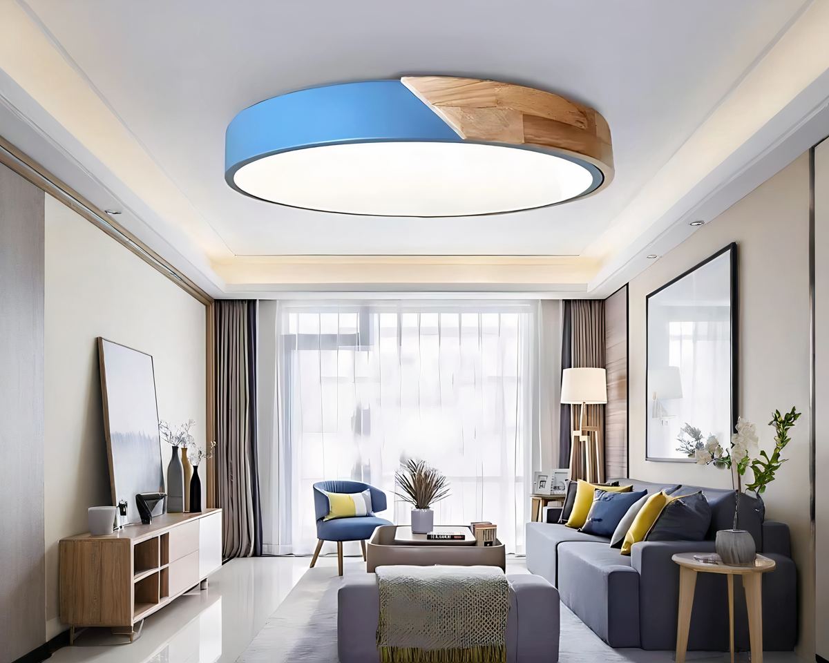Lustre sans fil rond nordique bois et métal coloré