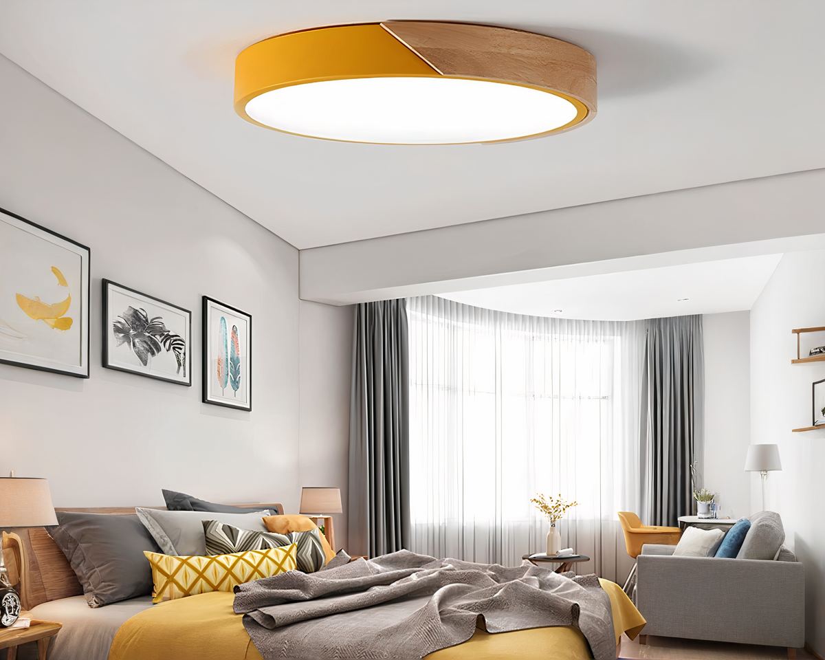 Lustre sans fil rond nordique bois et métal coloré, vue 2
