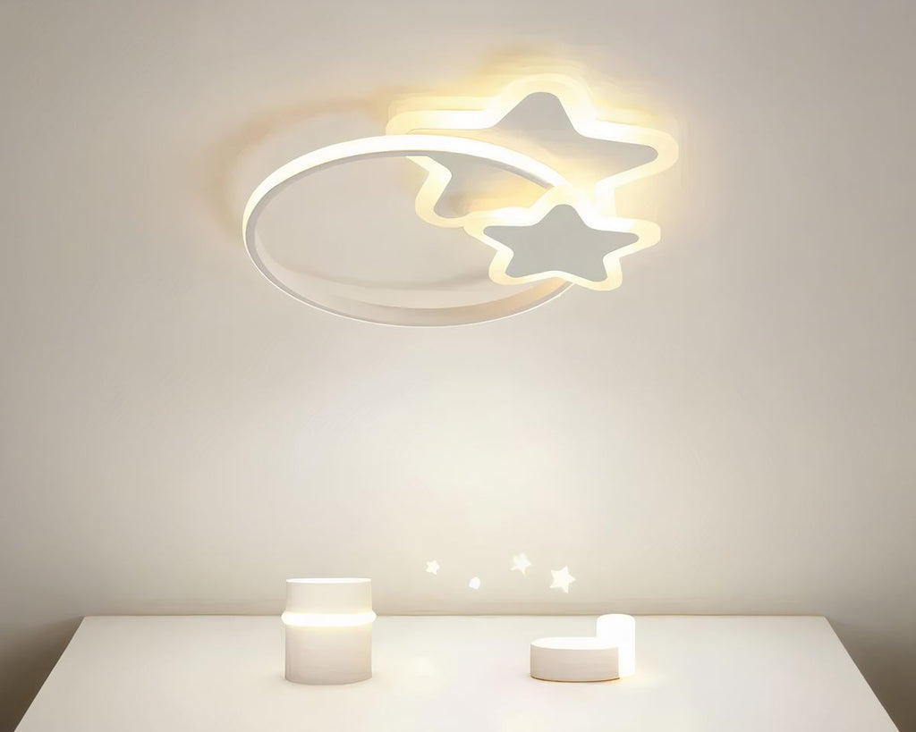 Lustre chambre ado plat avec cercle et étoiles LED, vue 3