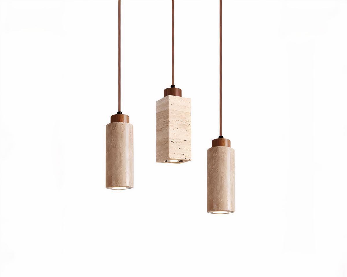 Lustre bohème en travertin et bois, rond ou rectangle