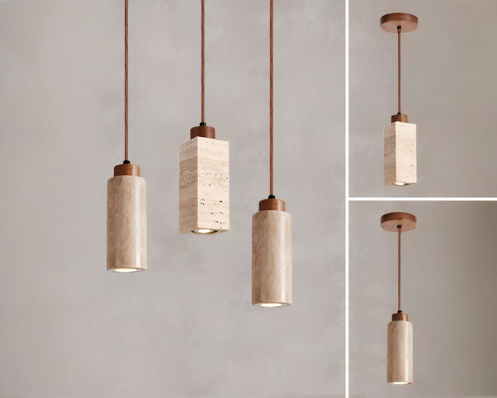 Lustre bohème en travertin et bois, rond ou rectangle, vue 2