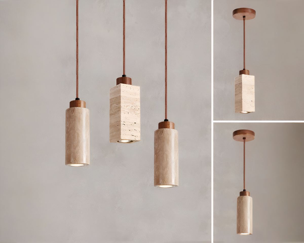 Lustre bohème en travertin et bois, rond ou rectangle, vue 2