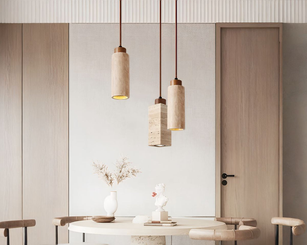 Lustre bohème en travertin et bois, rond ou rectangle, vue 3