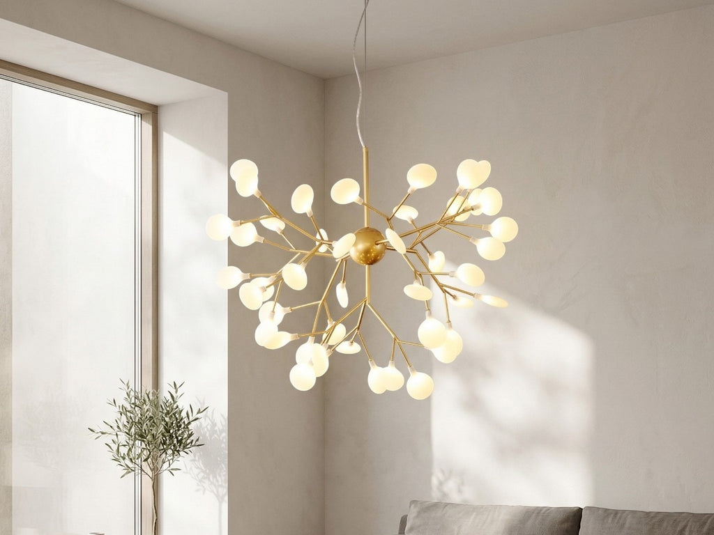 Lustre LED branches dorées et petits globes givrés