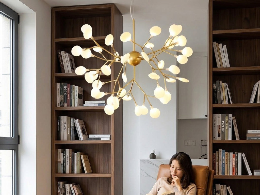 Lustre LED branches dorées et petits globes givrés, vue 3