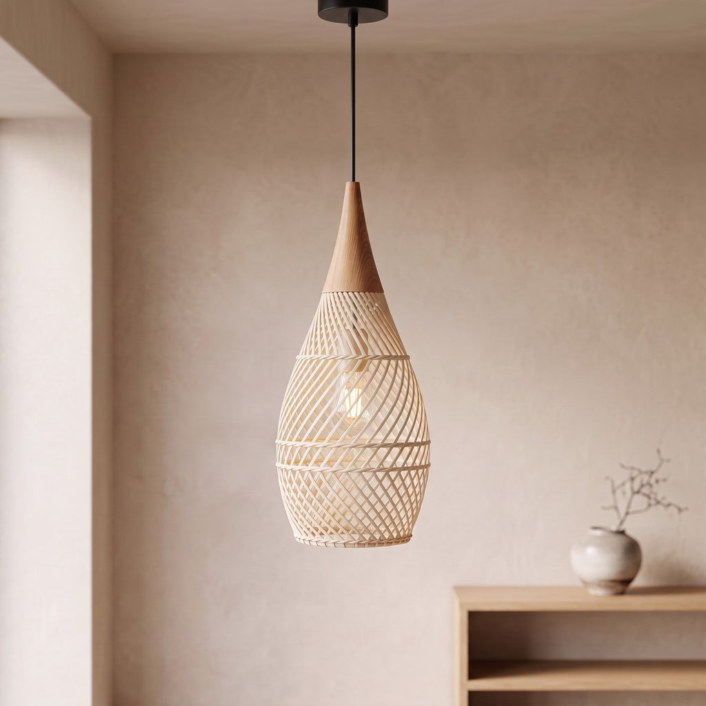 Lustre bohème goutte en rotin et bois