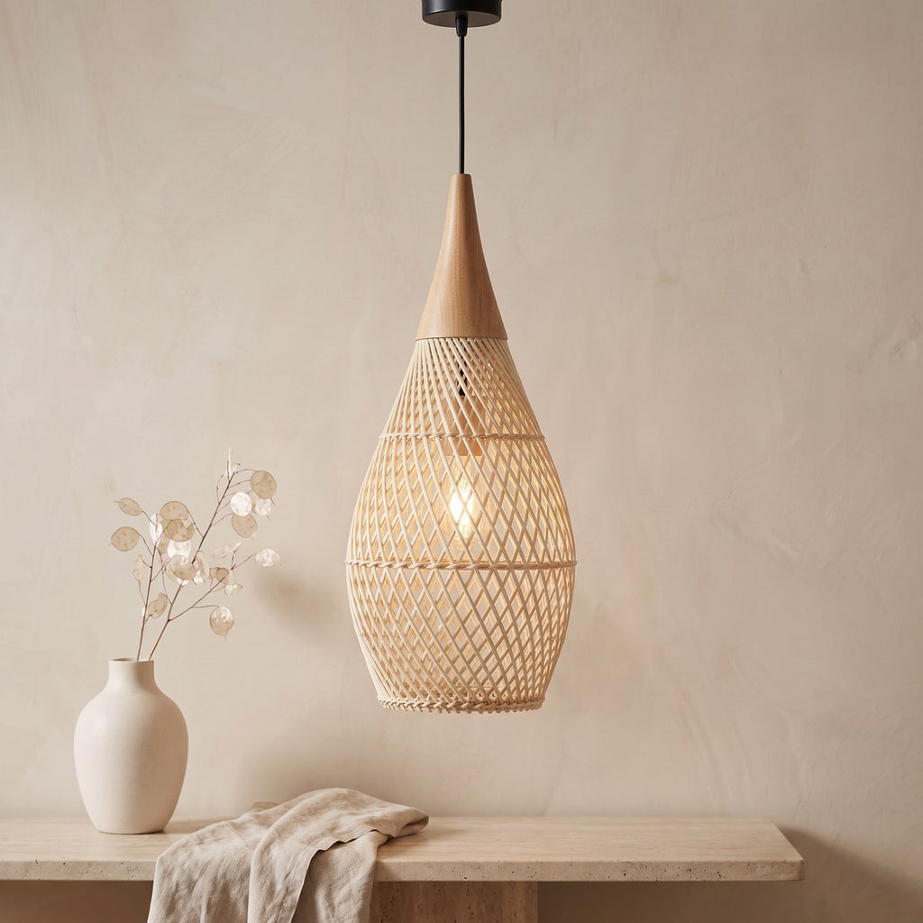 Lustre bohème goutte en rotin et bois, vue 4