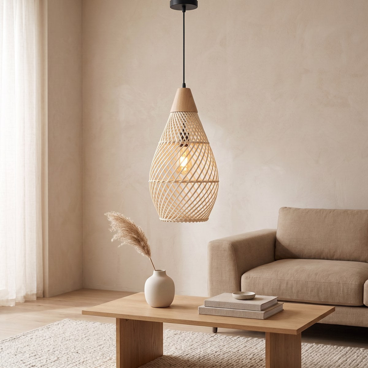 Lustre bohème goutte en rotin et bois, vue 5