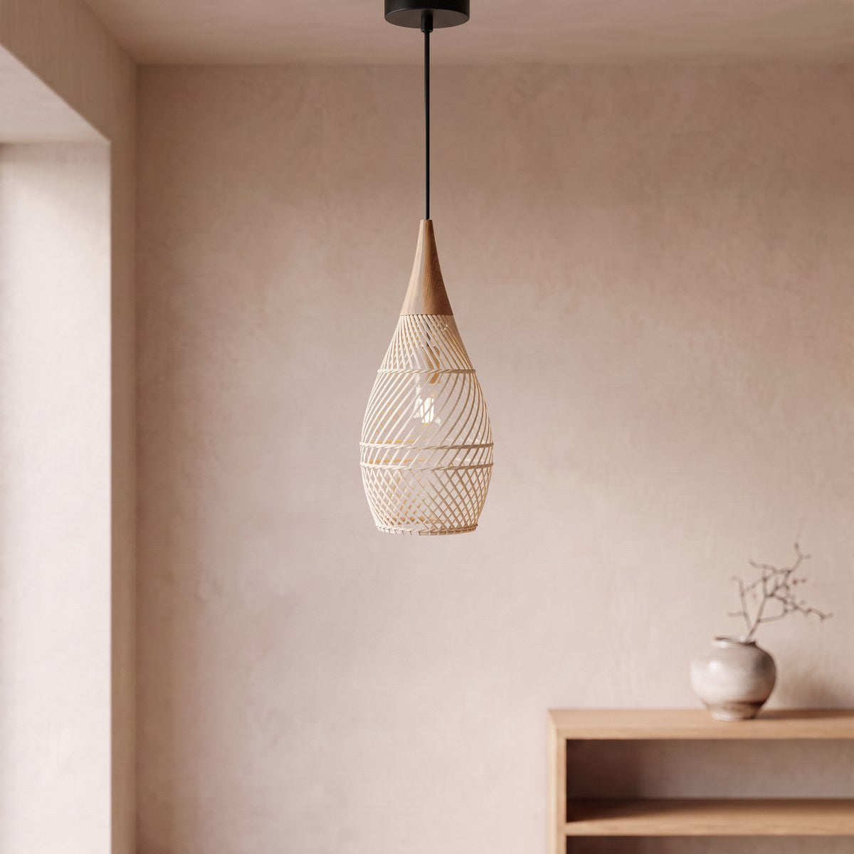 Lustre bohème goutte en rotin et bois, vue 6