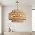 Grand lustre en rotin cylindrique à six ampoules