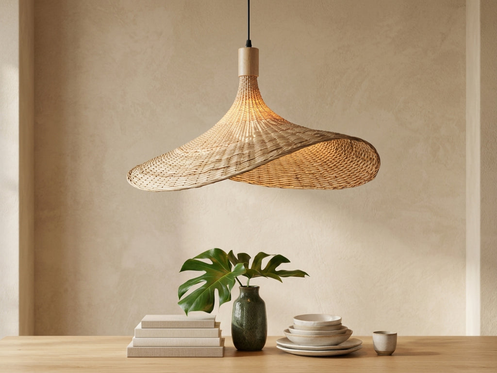 Grand lustre en rotin tressé forme chapeau