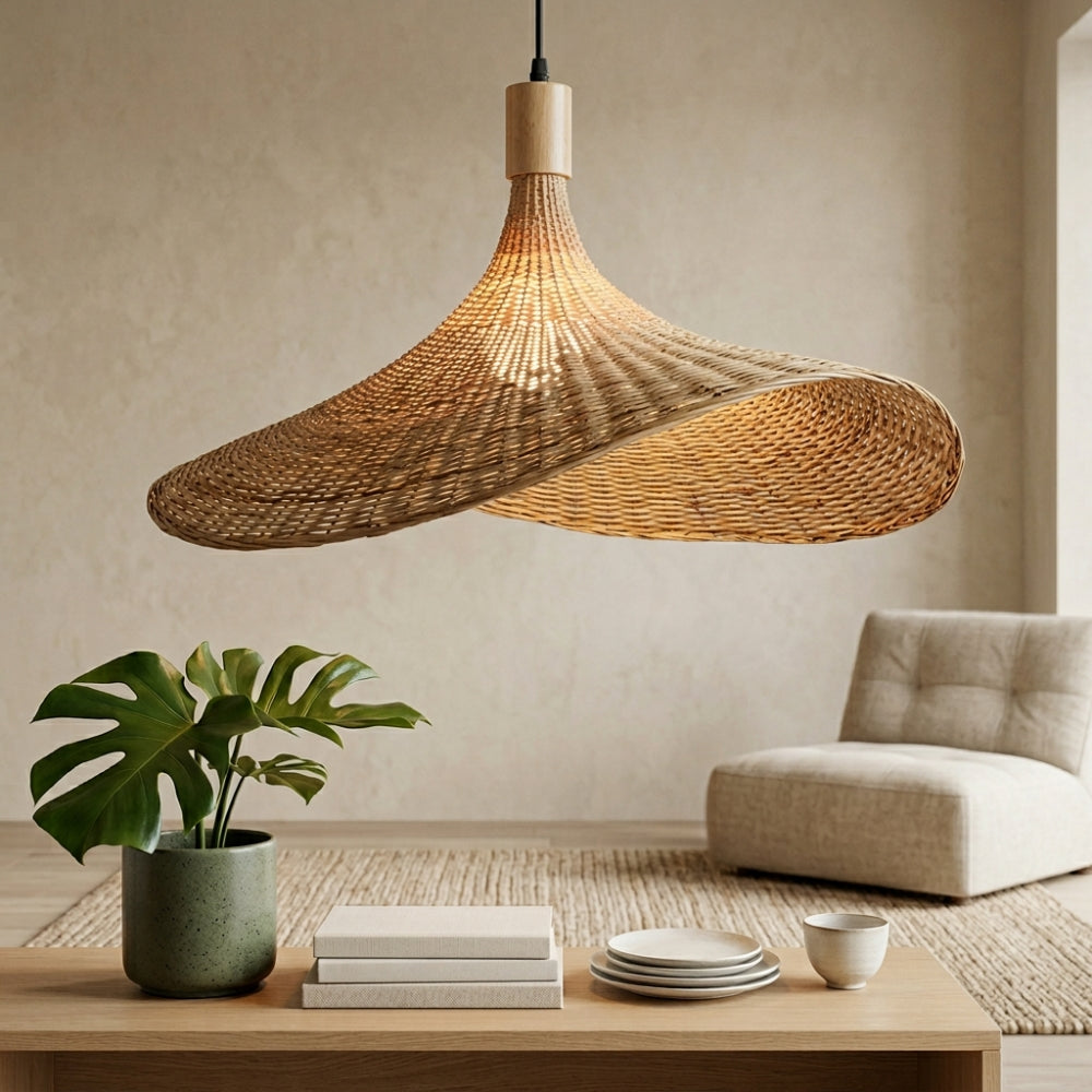 Grand lustre en rotin tressé forme chapeau, vue 3