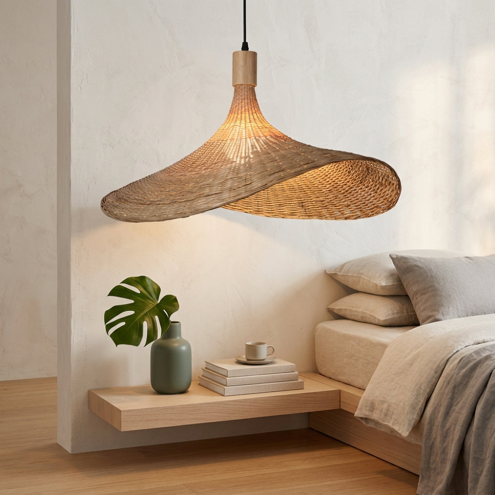 Grand lustre en rotin tressé forme chapeau, vue 4