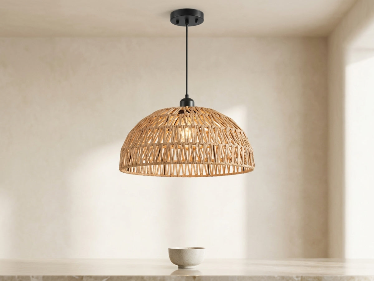 Lustre Bali dôme en rotin et tige noire