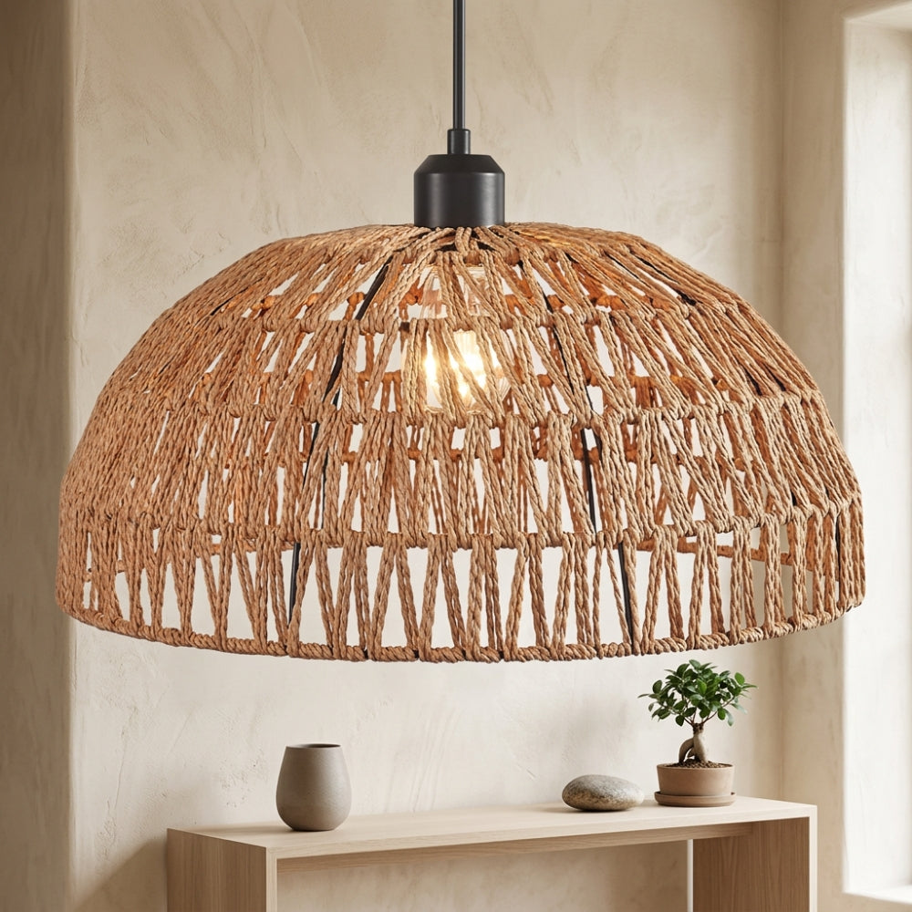 Lustre Bali dôme en rotin et tige noire, vue 3