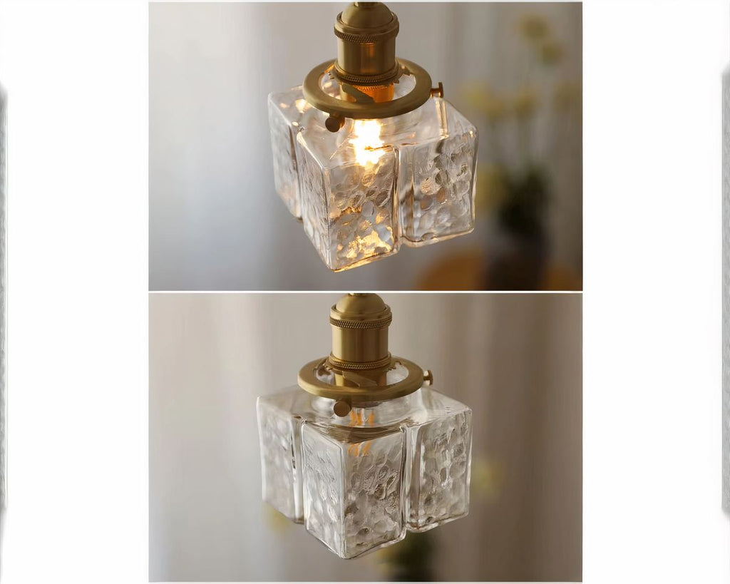 Lustre art déco cube en verre texturé et laiton, vue 4
