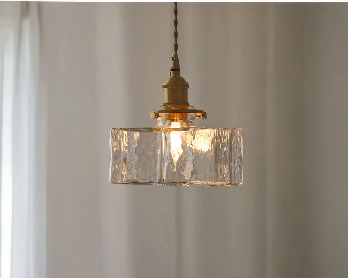 Lustre art déco cube en verre texturé et laiton, vue 7