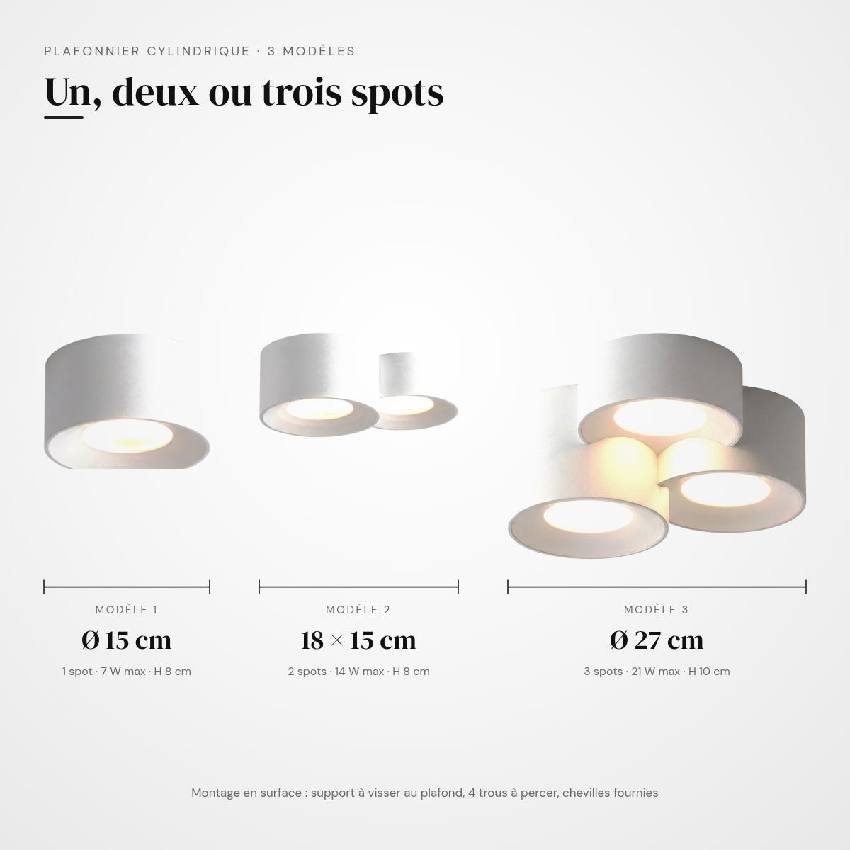 Lustre escalier plafonnier cylindre LED à 1, 2 ou 3 spots, vue 2