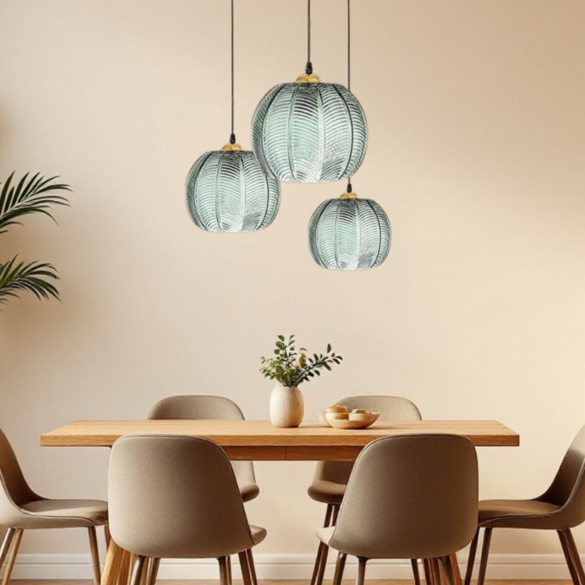 Lustre boule en verre nervuré vert jungle, vue 2