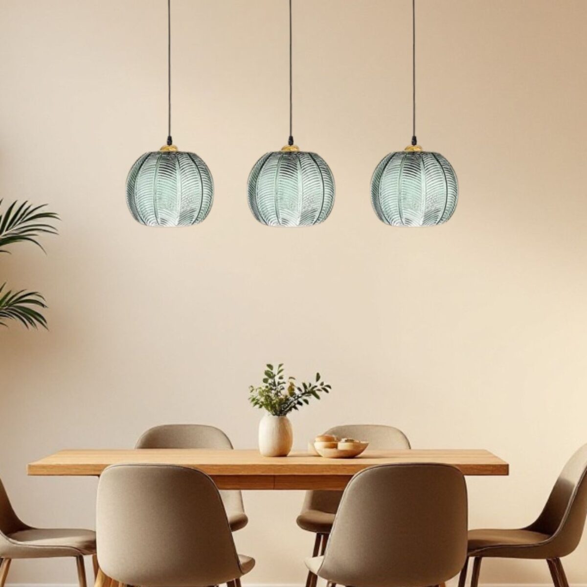 Lustre boule en verre nervuré vert jungle, vue 3