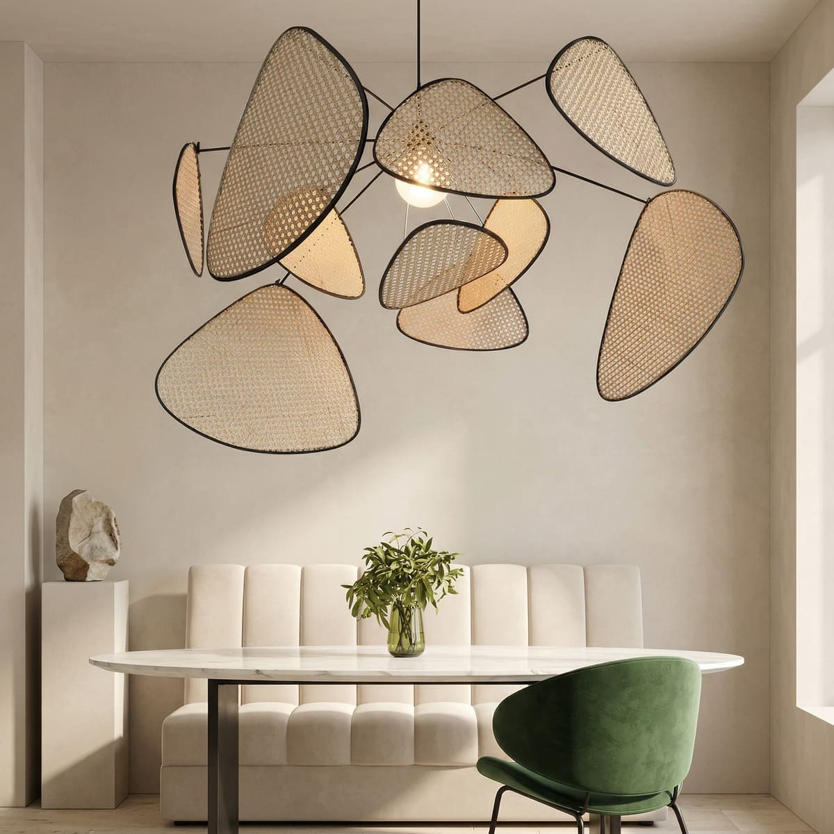 Lustre en rotin à pétales cannés cerclés de noir, vue 4