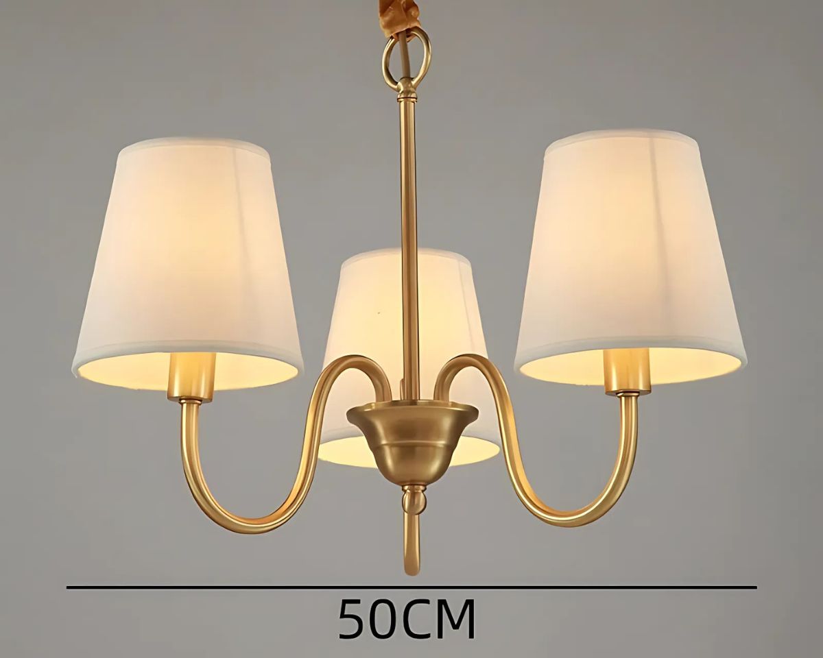 Lustre ancien en cuivre à abat-jours en tissu beige, vue 8