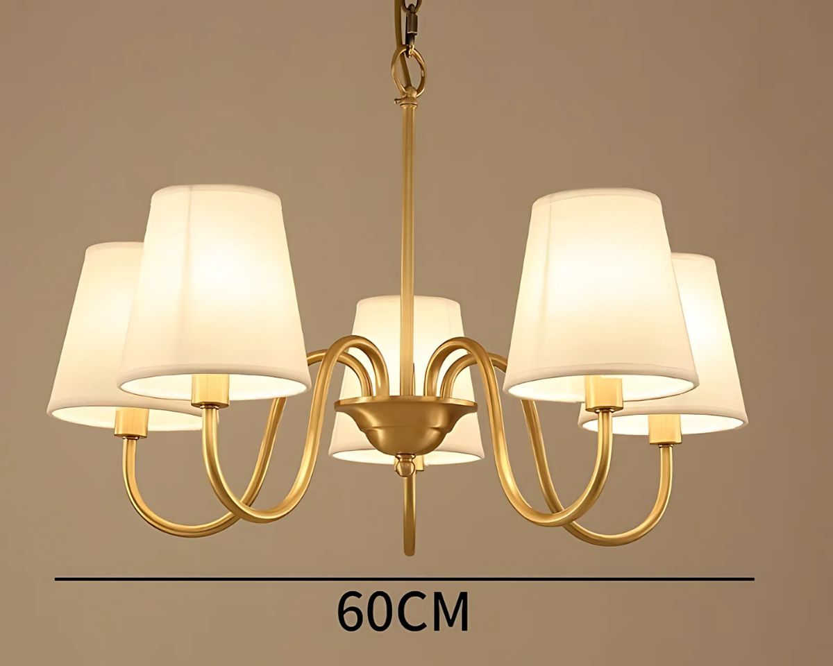 Lustre ancien en cuivre à abat-jours en tissu beige, vue 9