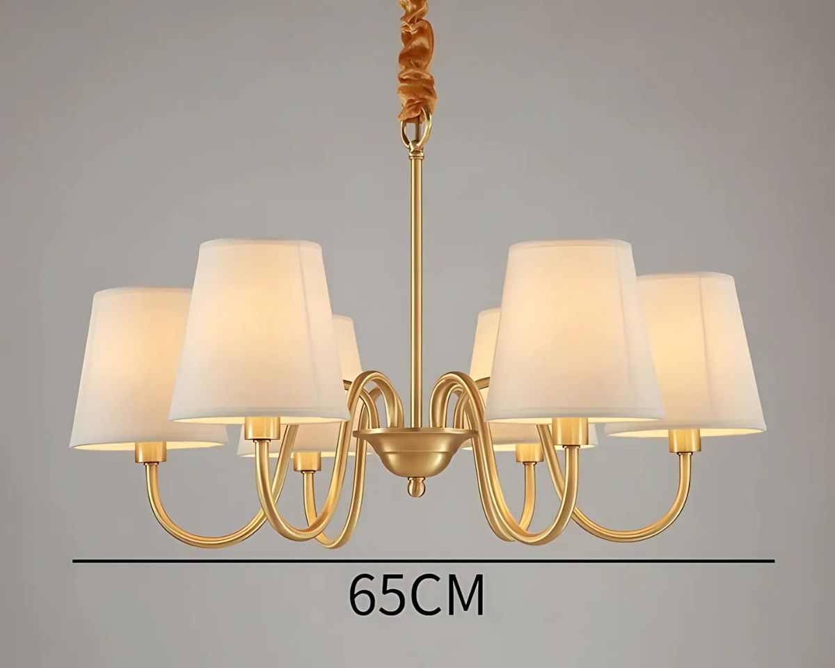 Lustre ancien en cuivre à abat-jours en tissu beige, vue 10