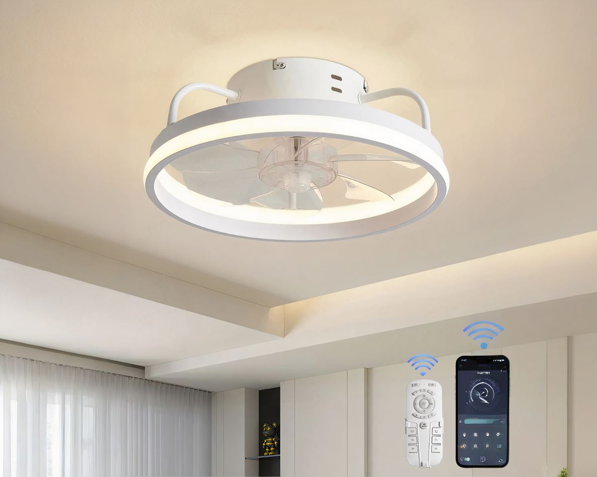 Lustre ventilateur compact 33 cm à anneau LED blanc