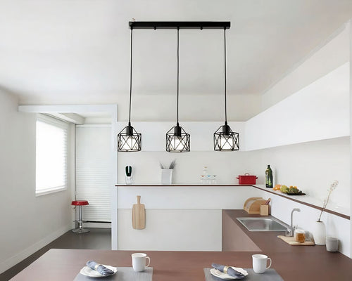 Lustre 3 suspensions cages carrées en métal noir