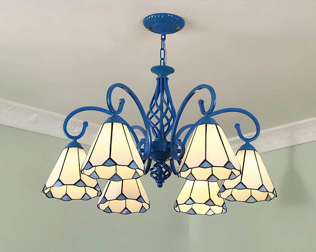 Lustre art déco 6 bras en vitrail bleu et blanc