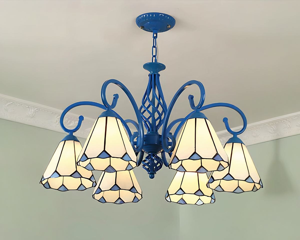 Lustre art déco 6 bras en vitrail bleu et blanc