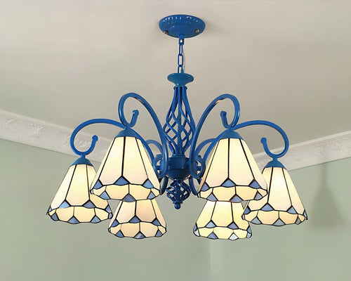 Lustre art déco 6 bras en vitrail bleu et blanc
