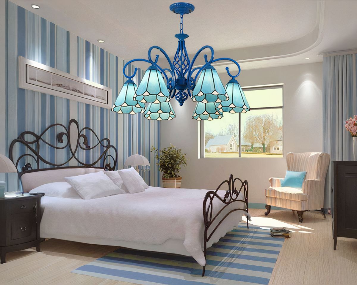 Lustre art déco 6 bras en vitrail bleu et blanc, vue 2