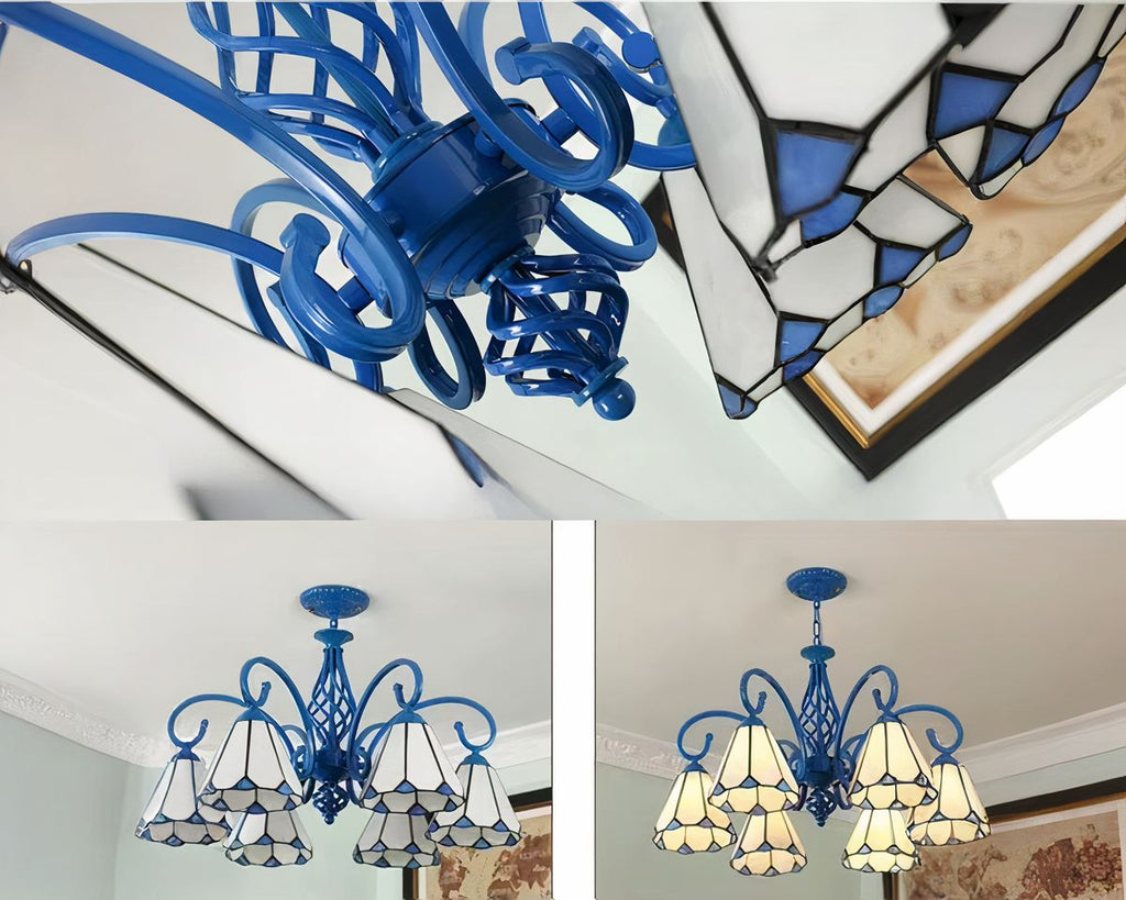 Lustre art déco 6 bras en vitrail bleu et blanc, vue 3