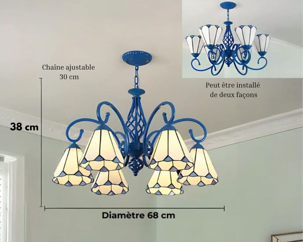 Lustre art déco 6 bras en vitrail bleu et blanc, vue 5