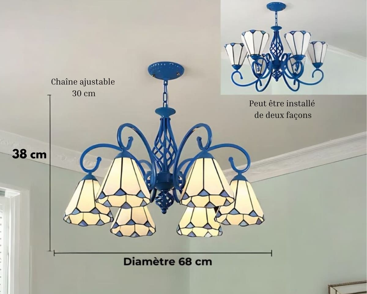 Lustre art déco 6 bras en vitrail bleu et blanc, vue 5