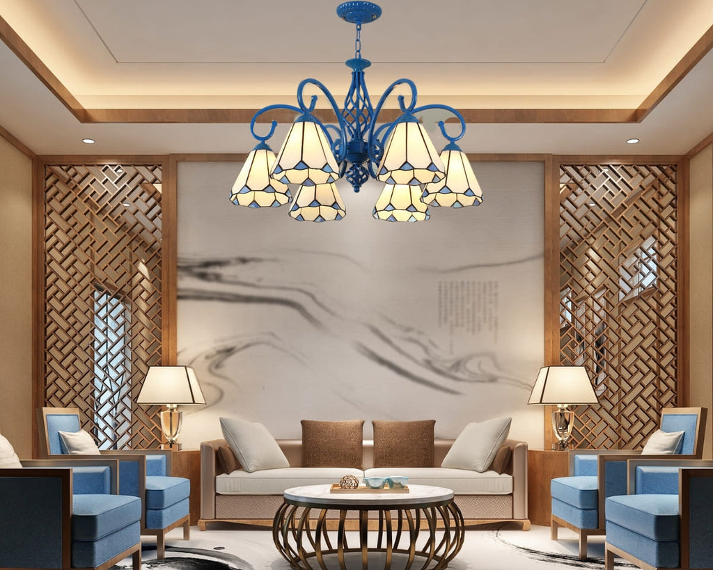 Lustre art déco 6 bras en vitrail bleu et blanc, vue 7