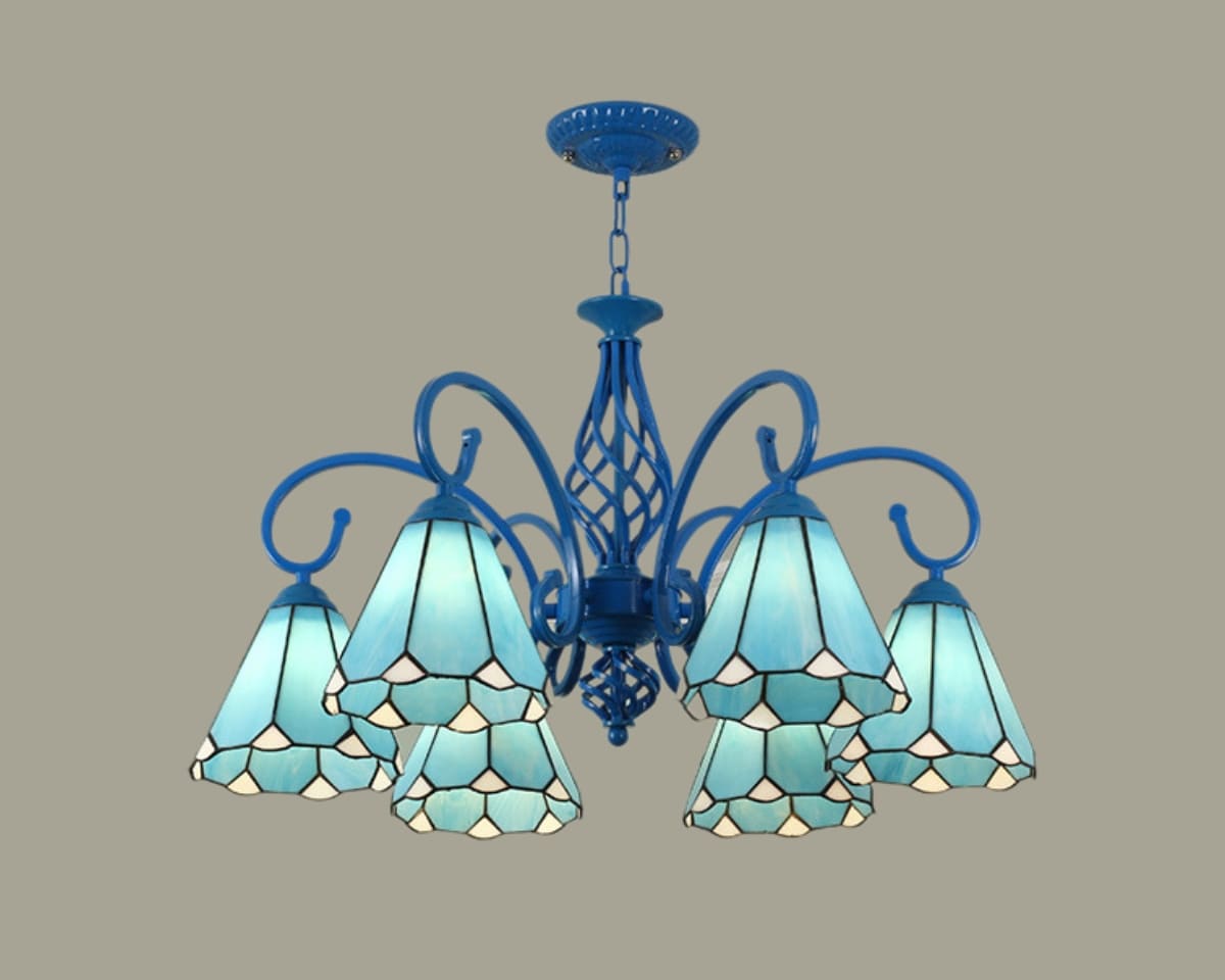 Lustre art déco 6 bras en vitrail bleu et blanc, vue 9