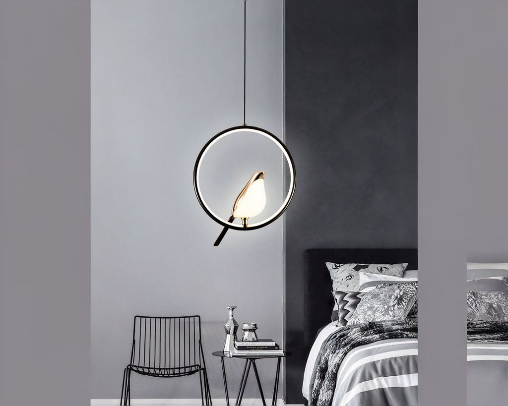 Lustre LED cercle noir et oiseau perché, vue 2