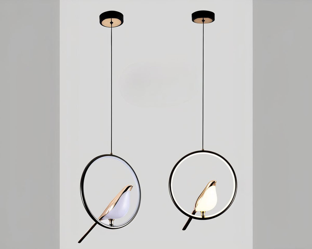 Lustre LED cercle noir et oiseau perché, vue 3
