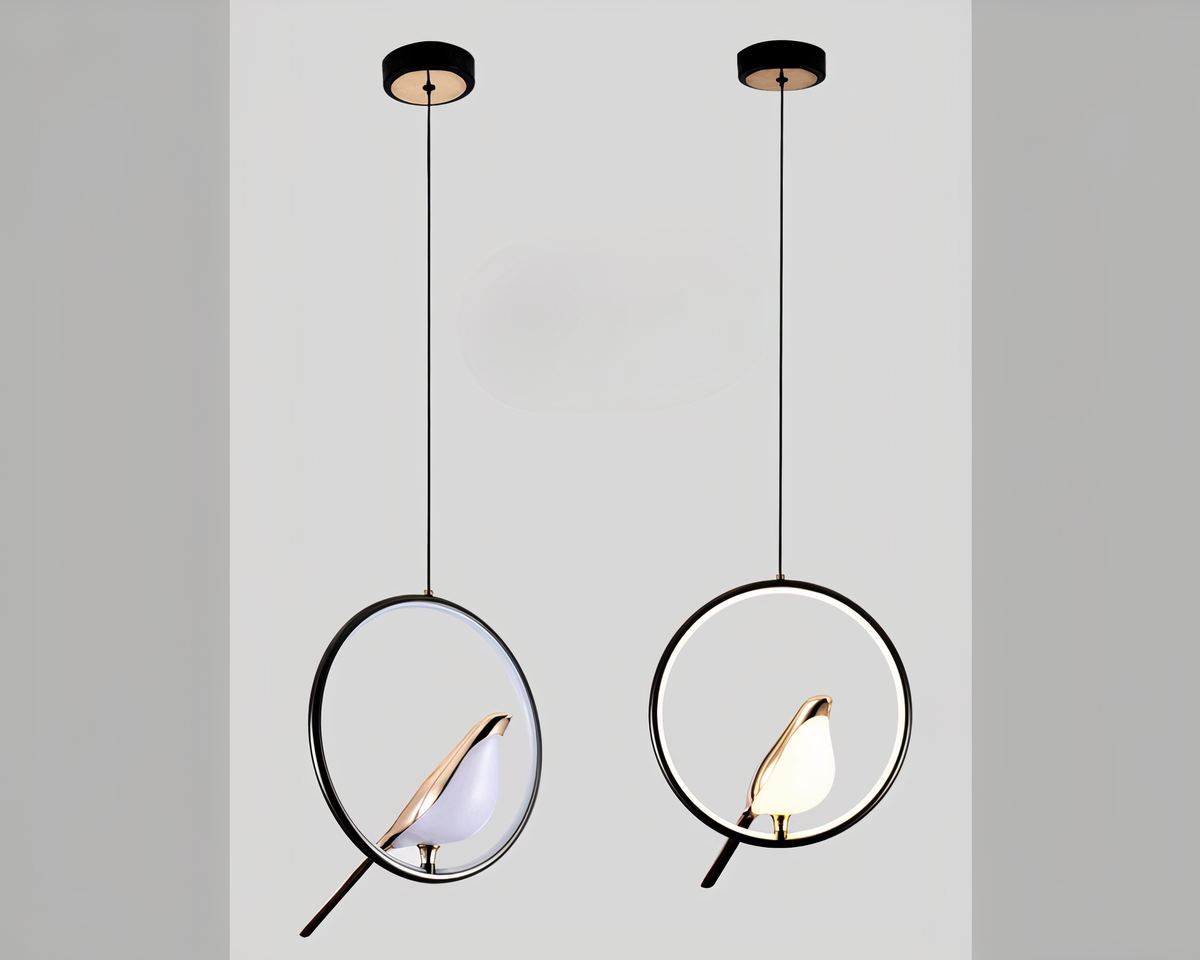 Lustre LED cercle noir et oiseau perché, vue 3