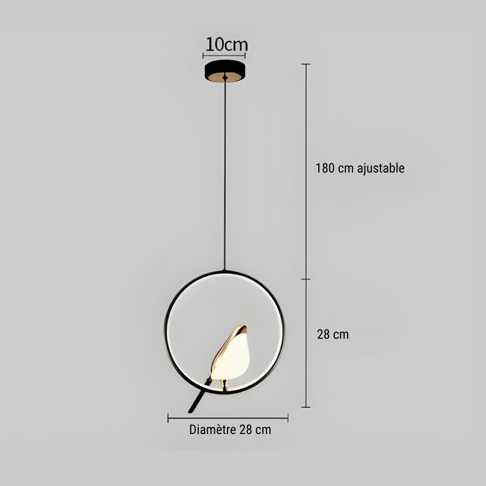 Lustre LED cercle noir et oiseau perché, vue 5