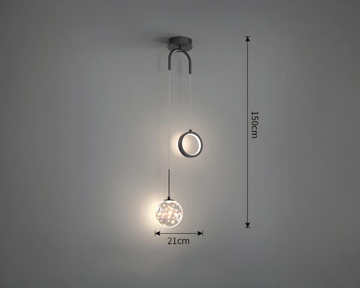 Lustre LED double suspension anneau et sphère, vue 2