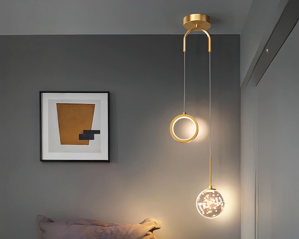Lustre LED double suspension anneau et sphère, vue 3