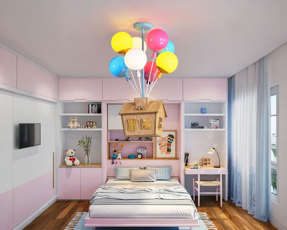 Lustre en bambou maison volante et ballons colorés, vue 2