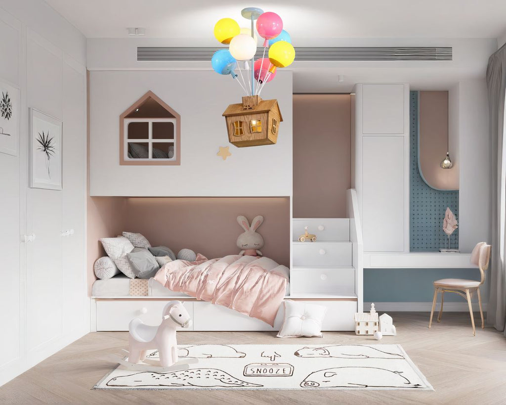 Lustre en bambou maison volante et ballons colorés, vue 4