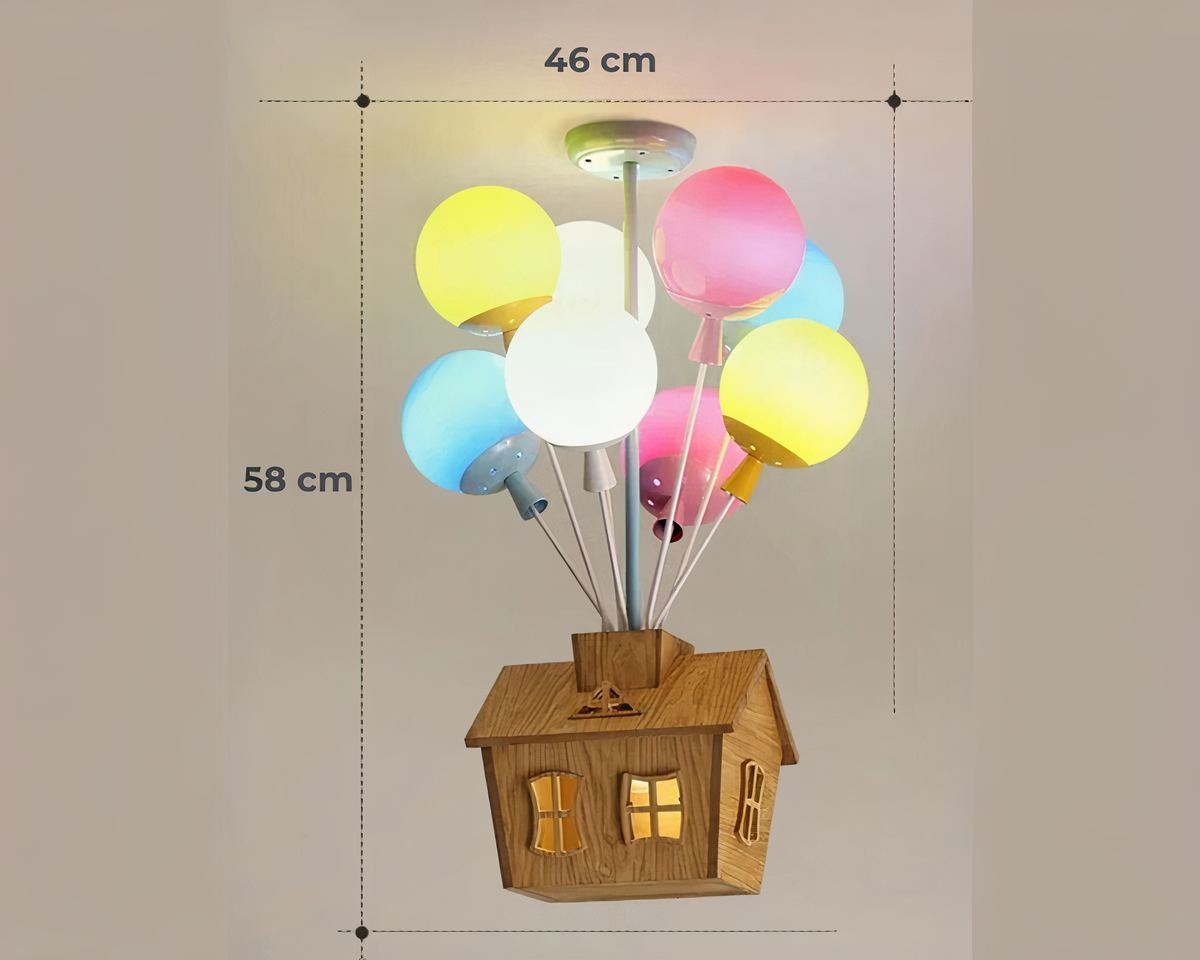 Lustre en bambou maison volante et ballons colorés, vue 10