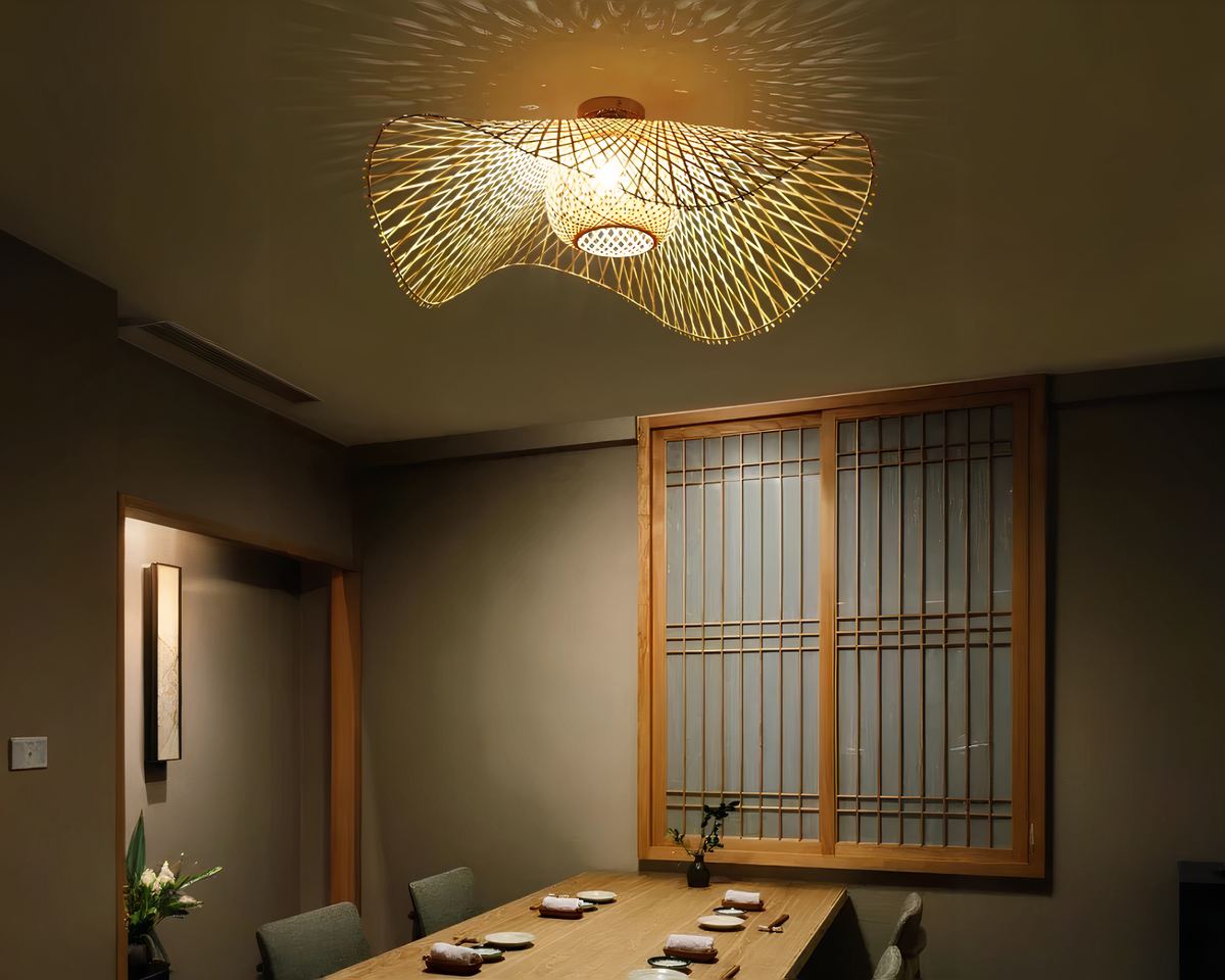 Lustre japonais abat-jour plat en bambou tissé, vue 3