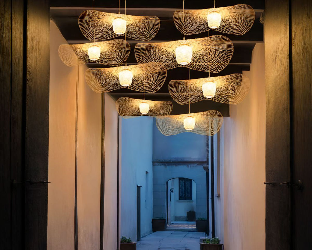 Lustre japonais abat-jour plat en bambou tissé, vue 4